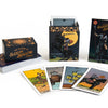 The Legend of Sleepy Hollow Tarot—Headless Horseman Edition by Schiffer Publishing, Ltd. is shown with the deck, box, illustrated guidebook, and five vintage-style cards artfully arranged in front.