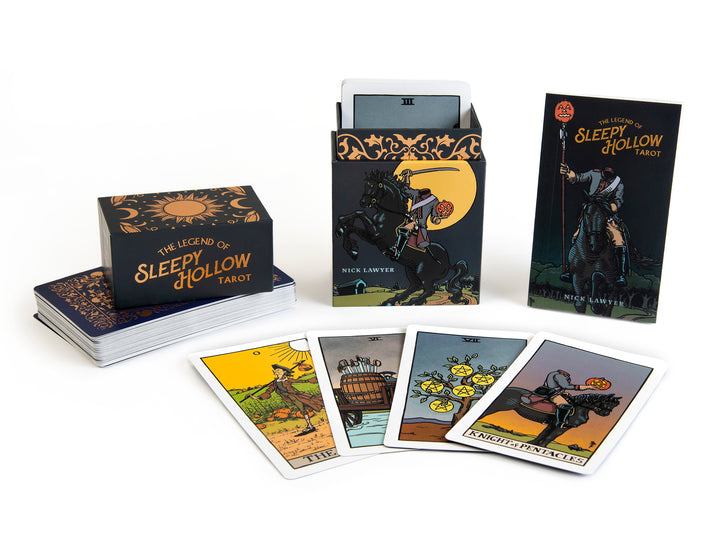 The Legend of Sleepy Hollow Tarot—Headless Horseman Edition by Schiffer Publishing, Ltd. is shown with the deck, box, illustrated guidebook, and five vintage-style cards artfully arranged in front.