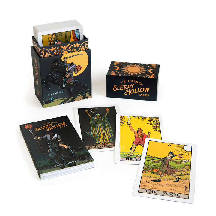 The Legend of Sleepy Hollow Tarot—Headless Horseman Edition by Schiffer Publishing, Ltd. is shown with its cards, guidebook, and packaging. Four tarot cards, including The Fool and The High Priestess, are spread out in front.