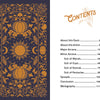 The Legend of Sleepy Hollow Tarot—Headless Horseman Edition by Schiffer Publishing, Ltd. features ornate gold skulls, pumpkins, and crescent moons on navy card backs alongside a table of contents for this literary tarot deck.