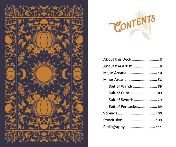 The Legend of Sleepy Hollow Tarot—Headless Horseman Edition by Schiffer Publishing, Ltd. features ornate gold skulls, pumpkins, and crescent moons on navy card backs alongside a table of contents for this literary tarot deck.