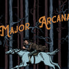 An illustration from Schiffer Publishing’s The Legend of Sleepy Hollow Tarot—Headless Horseman Edition shows a person in old-fashioned attire on a white horse in a dark forest, with “Major Arcana” in bold across the image.