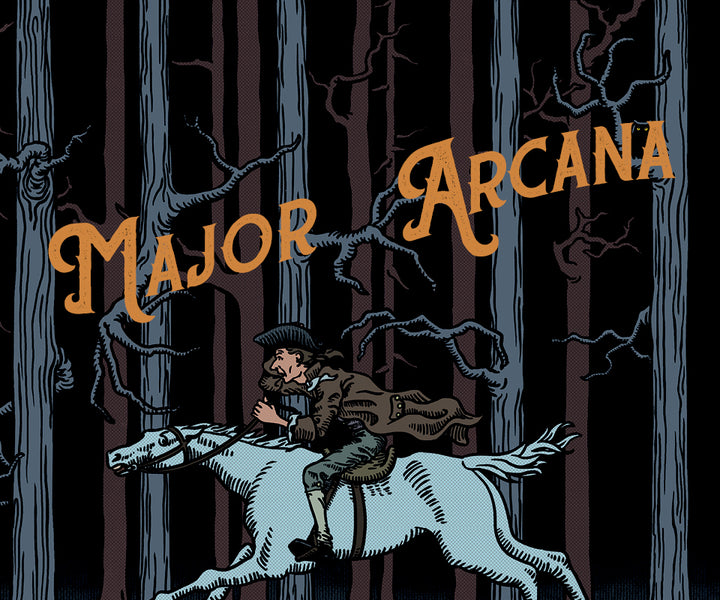 An illustration from Schiffer Publishing’s The Legend of Sleepy Hollow Tarot—Headless Horseman Edition shows a person in old-fashioned attire on a white horse in a dark forest, with “Major Arcana” in bold across the image.