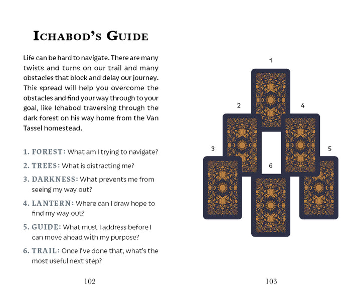 Experience a six-card pyramid tarot spread with numbered cards. The Legend of Sleepy Hollow Tarot—Headless Horseman Edition by Schiffer Publishing, Ltd. guides you through obstacles and direction with literary card meanings.