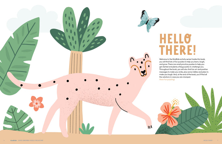 A cartoon cheetah with green leaves, orange flowers, and a butterfly greets with "HELLO THERE!"—from Schiffer Publishing’s KindKids Super Awesome Puzzle Collection kids activity book series.