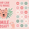 The KindKids Super Awesome Sticker Activity Book by Schiffer Publishing, Ltd. features a pink graphic with a smiling leopard, a monkey, green leaves, the phrase “Who can you make smile today?” and 20 positive-phrase tokens—perfect for kindness crafts.