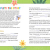 An illustrated workbook page titled "COMPLETE THE STORY" features butterflies, flowers, leaves, fill-in-the-blank story activities for parts of speech, and kid-friendly humor inspired by Cheeky Monkey from Schiffer Publishing, Ltd.