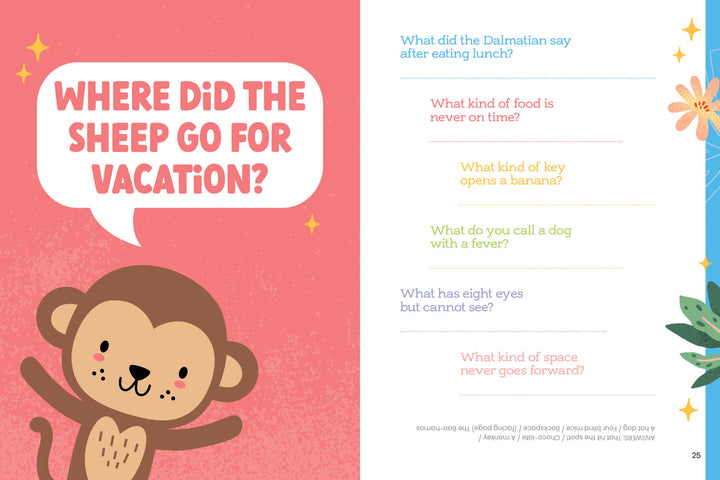 A cartoon monkey waves by a speech bubble that says, "Where did the sheep go for vacation?" On the right, "Cheeky Monkey - Hilarious Jokes, Puns, Riddles & Pranks" by Schiffer Publishing, Ltd. displays colorful jokes and floral borders for kids.
