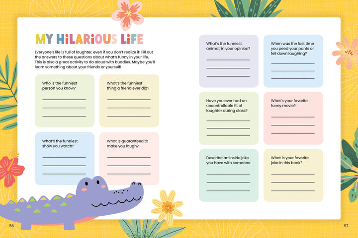 Cheeky Monkey - Hilarious Jokes, Puns, Riddles & Pranks by Schiffer Publishing, Ltd. features a colorful activity page with pastel answer boxes, a purple cartoon crocodile, and prompts about funny memories on a bright yellow background.