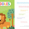 A vibrant spread from Cheeky Monkey by Schiffer Publishing, Ltd. shows a cheerful cartoon lion with greenery and "RIDDLES" on the left, and colorful riddles on a pastel plant background on the right—perfect for young readers.