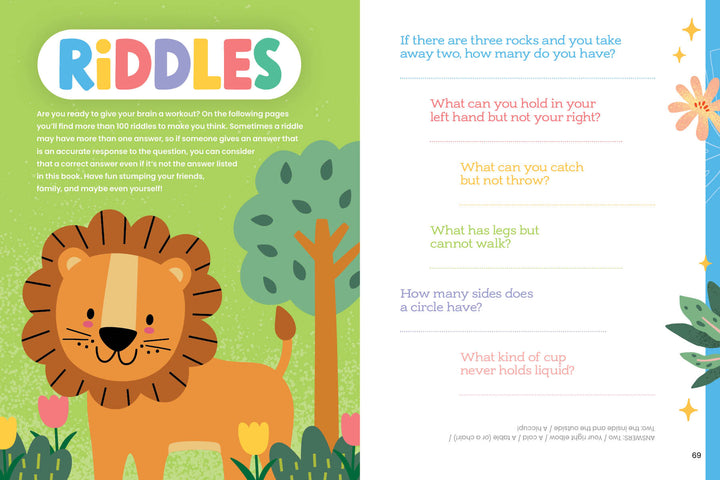 A vibrant spread from Cheeky Monkey by Schiffer Publishing, Ltd. shows a cheerful cartoon lion with greenery and "RIDDLES" on the left, and colorful riddles on a pastel plant background on the right—perfect for young readers.