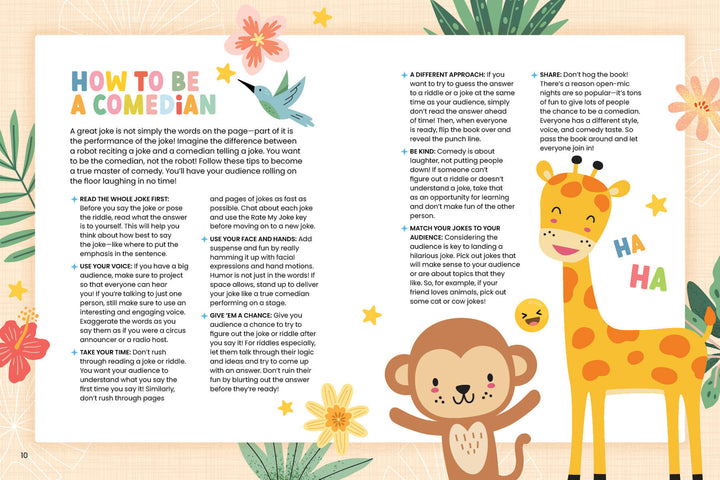 The Cheeky Monkey - Hilarious Jokes, Puns, Riddles & Pranks book by Schiffer Publishing, Ltd. features a colorful page titled How to Be a Comedian with cartoon animals and tips for kids on becoming great comedians.