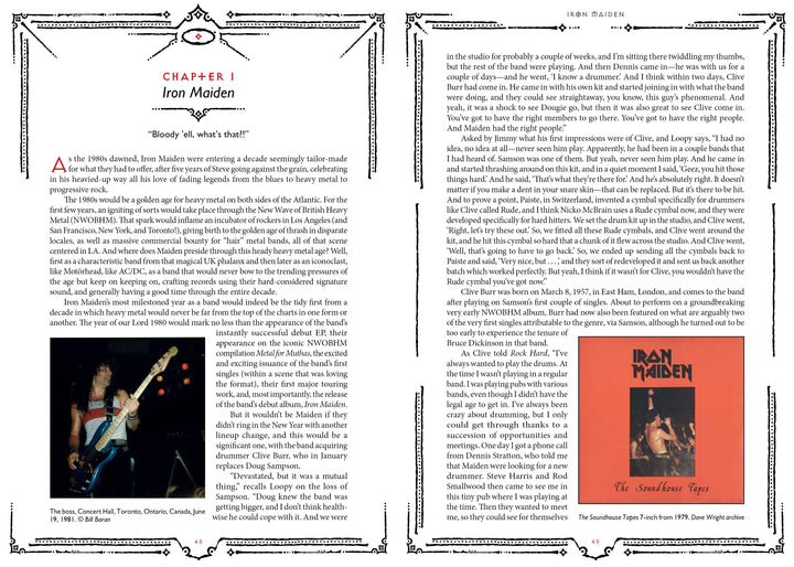 Two pages from "Hallowed By Their Name: The Unofficial Iron Maiden Bible" (Schiffer Publishing, Ltd.) show Iron Maiden history—a concert guitarist on the left and The Soundhouse Tapes EP cover with the iconic logo and ornate borders on the right.