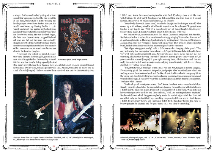 A two-page spread in Hallowed By Their Name (Schiffer Publishing, Ltd.) features Martin Popoff’s Iron Maiden text, four concert photos, an Eddie sketch, captions, and a black-bordered layout with chapter headings that enhance the band’s heavy metal aura.