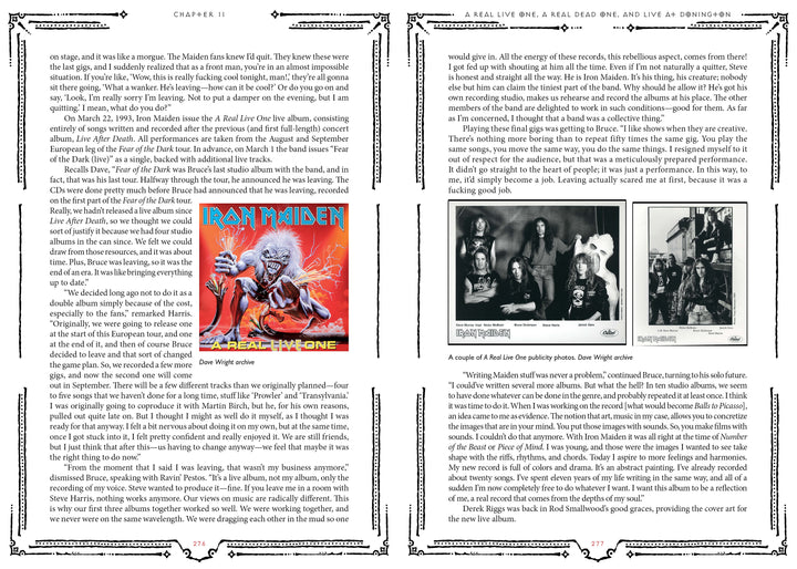 Two book pages with black decorative borders, text, and B&W band photos. The left page highlights the Iron Maiden album cover—a heavy metal classic—featured in "Hallowed By Their Name: The Unofficial Iron Maiden Bible" by Schiffer Publishing, Ltd.