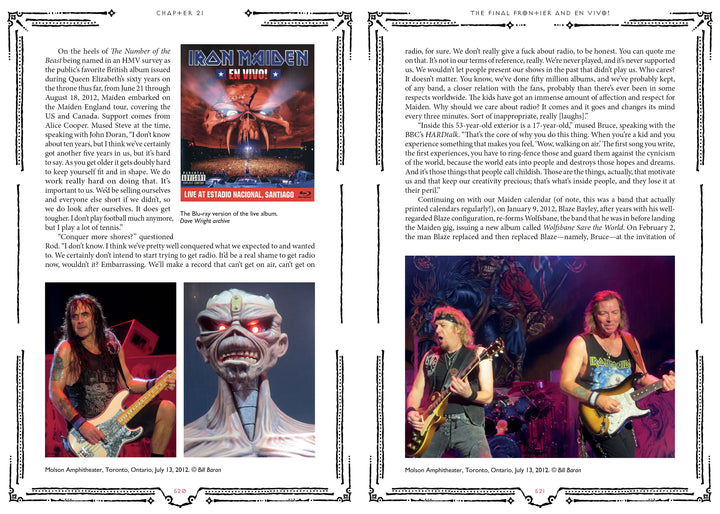 A book spread in Hallowed By Their Name: The Unofficial Iron Maiden Bible (Schiffer Publishing, Ltd.) features Martin Popoff’s text and 2012 Toronto concert photos, including the band logo on stage, Eddie close-up, and two guitarist shots.