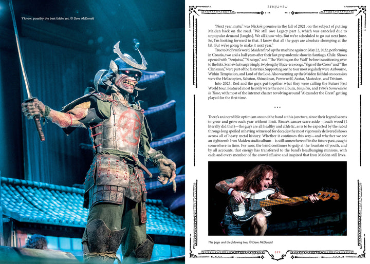 On the left, a costumed samurai performer raises a sword; on the right, a page from "Hallowed By Their Name: The Unofficial Iron Maiden Bible" (Schiffer Publishing) shows a photo of a bassist crouched mid-solo on stage.