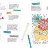 A spread from the Modern Folk Art Coloring Book by Schiffer Publishing, Ltd. features coloring tips with colored pencils on the left and a floral envelope with the cursive sentiment “Cling to what is good” on the right.