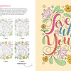 A step-by-step floral calligraphy coloring guide from the Modern Folk Art Coloring Book by Schiffer Publishing, Ltd. appears on the left, with the finished “Love what you do” hand-lettered art and florals displayed on the right.
