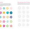 The Modern Folk Art Coloring Book by Schiffer Publishing, Ltd. features floral coloring pages with five six-color palettes on the left and outlined flowers for swatching on the right, set against a white backdrop with pastel accents and hand-lettered sentiments.