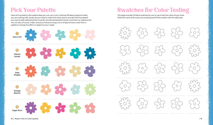 The Modern Folk Art Coloring Book by Schiffer Publishing, Ltd. features floral coloring pages with five six-color palettes on the left and outlined flowers for swatching on the right, set against a white backdrop with pastel accents and hand-lettered sentiments.