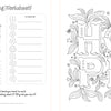 The Modern Folk Art Coloring Book by Schiffer Publishing, Ltd. features a worksheet with “Walk in Love” lettering, color swatches, and a favorite book prompt on the left, and large floral “HOPE” letters on the right.