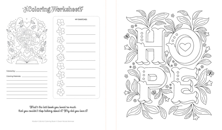 The Modern Folk Art Coloring Book by Schiffer Publishing, Ltd. features a worksheet with “Walk in Love” lettering, color swatches, and a favorite book prompt on the left, and large floral “HOPE” letters on the right.