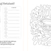 This two-page spread from the Modern Folk Art Coloring Book by Schiffer Publishing, Ltd. features journaling prompts, color swatch area, and hand-lettered quotes on the left, with a “Spill the tea” floral teacup coloring page on the right.