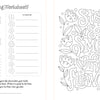The Modern Folk Art Coloring Book by Schiffer Publishing, Ltd. features black-and-white floral borders, hand-lettered sentiments, areas for color swatches, coloring materials, and a reflection prompt.