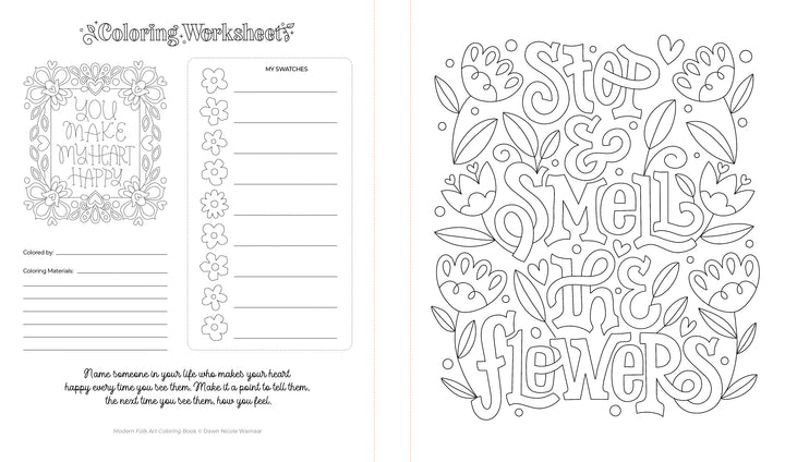 The Modern Folk Art Coloring Book by Schiffer Publishing, Ltd. features black-and-white floral borders, hand-lettered sentiments, areas for color swatches, coloring materials, and a reflection prompt.