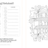 The Modern Folk Art Coloring Book by Schiffer Publishing, Ltd. features a black-and-white worksheet with floral designs, hand-lettered notes, swatch space, and "THE BEST IS YET TO COME" surrounded by leafy accents.