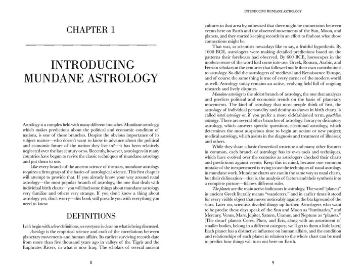 An open copy of The Astrology of Nations by Schiffer Publishing, Ltd. shows Chapter 1, Introducing Mundane Astrology, with two pages detailing how astrology charts inform political predictions and a "Definitions" section starting on page 8.