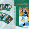 Book cover for Gaian Tarot by Schiffer Publishing, Ltd., showing an earth-centered spirituality tarot card with a person hanging upside down and eight vibrant, multicultural Tarot cards fanned out.