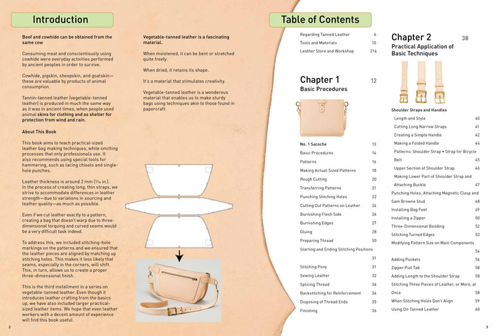 The open book "Crafting Leather Totes, Backpacks & Bags" by Schiffer Publishing, Ltd. shows a photo of a beige bag, introduction, leather bag patterns, crafting diagrams, and a green Table of Contents with chapters and techniques.