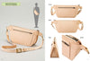 Crafting Leather Totes, Backpacks & Bags by Schiffer Publishing, Ltd.: Beige leather sling bag featuring a gold buckle and zipper, displayed on a silhouette with detailed front, back, side, and close-up zipper and stitching views for a minimalist style.
