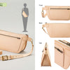 Crafting Leather Totes, Backpacks & Bags by Schiffer Publishing, Ltd.: Beige leather sling bag featuring a gold buckle and zipper, displayed on a silhouette with detailed front, back, side, and close-up zipper and stitching views for a minimalist style.