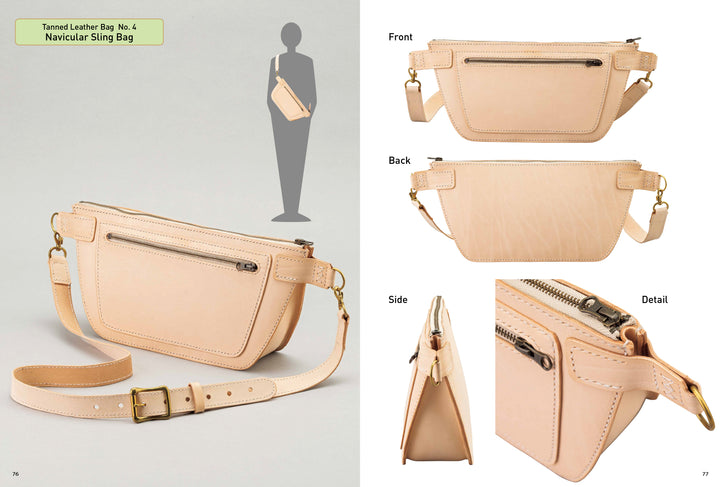 Crafting Leather Totes, Backpacks & Bags by Schiffer Publishing, Ltd.: Beige leather sling bag featuring a gold buckle and zipper, displayed on a silhouette with detailed front, back, side, and close-up zipper and stitching views for a minimalist style.