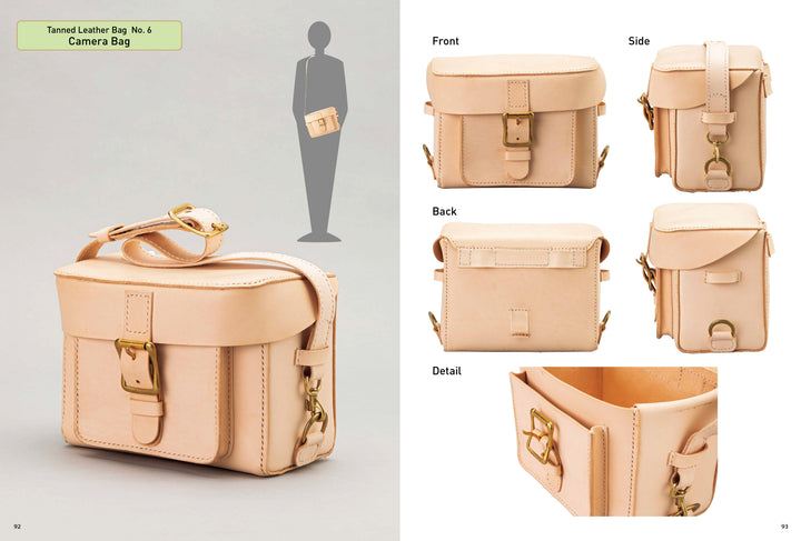 Crafting Leather Totes, Backpacks & Bags by Schiffer Publishing, Ltd. is shown from several angles with close-ups of its buckles and gold-tone hardware. An illustration displays it worn crossbody, highlighting detailed leathercraft techniques and a front pocket.