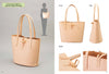 Crafting Leather Totes, Backpacks & Bags by Schiffer Publishing, Ltd.: Tan leather bucket tote with two handles, shown in front, side, and detail views. Classic techniques highlighted; silhouette shows size when carried.