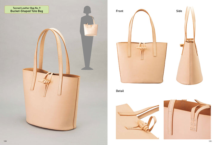 Crafting Leather Totes, Backpacks & Bags by Schiffer Publishing, Ltd.: Tan leather bucket tote with two handles, shown in front, side, and detail views. Classic techniques highlighted; silhouette shows size when carried.