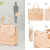 Crafting Leather Totes, Backpacks & Bags by Schiffer Publishing, Ltd. showcases a tan leather briefcase with classic craftsmanship, flat exterior pockets, and handles—shown from front, back, side, close-up views, and carried for elegant simplicity.