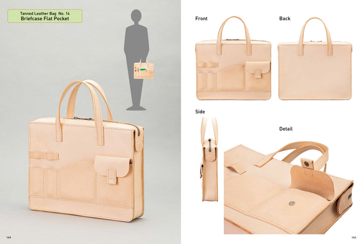 Crafting Leather Totes, Backpacks & Bags by Schiffer Publishing, Ltd. showcases a tan leather briefcase with classic craftsmanship, flat exterior pockets, and handles—shown from front, back, side, close-up views, and carried for elegant simplicity.