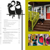 A spread from "Design Then Quilt" by Schiffer Publishing, Ltd.: left page shows a table of contents with abstract black shapes; right page features a woman on gray house steps with green railings and colorful quilt art below.