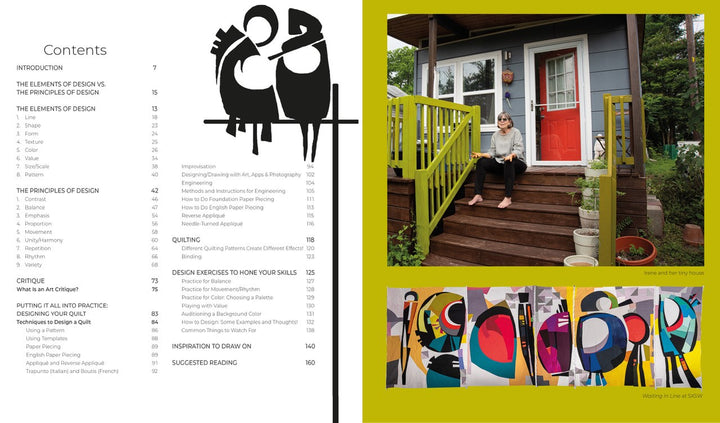 A spread from "Design Then Quilt" by Schiffer Publishing, Ltd.: left page shows a table of contents with abstract black shapes; right page features a woman on gray house steps with green railings and colorful quilt art below.