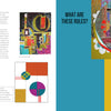 A two-page spread from "Design Then Quilt" by Schiffer Publishing, Ltd. features vibrant abstract quilts and geometry. The left page covers modern quilt design principles; the right boldly asks "What are these rules?" in yellow on black.