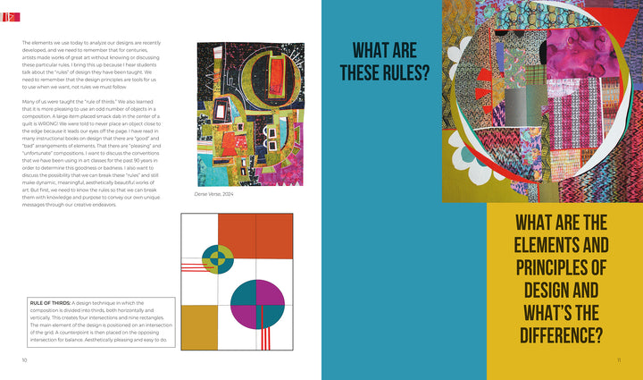 A two-page spread from "Design Then Quilt" by Schiffer Publishing, Ltd. features vibrant abstract quilts and geometry. The left page covers modern quilt design principles; the right boldly asks "What are these rules?" in yellow on black.