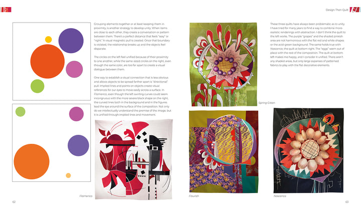 In Schiffer Publishing, Ltd.’s Design Then Quilt, a two-page spread features colorful overlapping circles and red geometric shapes on the left, while the right page showcases four bold quilt designs with modern textures and flair.
