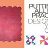 On the left is the textured, pink quilt from Design Then Quilt by Schiffer Publishing, Ltd. On the right, large gray text says, Putting it all into practice: Design principles for your quilt, above four colorful quilt blocks. Small Canadian flags are in the top corners.
