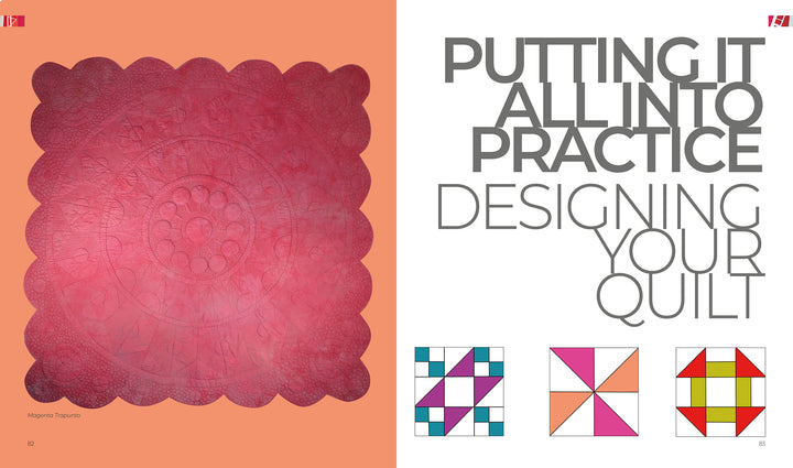 On the left is the textured, pink quilt from Design Then Quilt by Schiffer Publishing, Ltd. On the right, large gray text says, Putting it all into practice: Design principles for your quilt, above four colorful quilt blocks. Small Canadian flags are in the top corners.