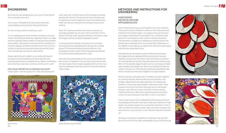 Design Then Quilt by Schiffer Publishing, Ltd. showcases four vibrant fabric artworks, quilt design instructions for hand-sewing, and articles on engineering process—highlighting intricate patterns and layered textures in textile art.